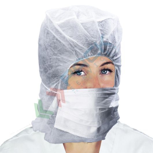 Cappucci monouso in TNT di polipropilene (PP) 20 g/mq, con mascherina integrata, conf 50 pz