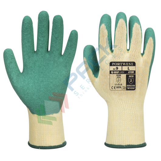 [A100GNRL] Guanti da lavoro con grip resistenti al taglio (Livello A), in poliestere con rivestimento in schiuma di lattice + grip in lattice Crinkle, calibro 10, omologati EN 388, colore verde/giallo, taglia L