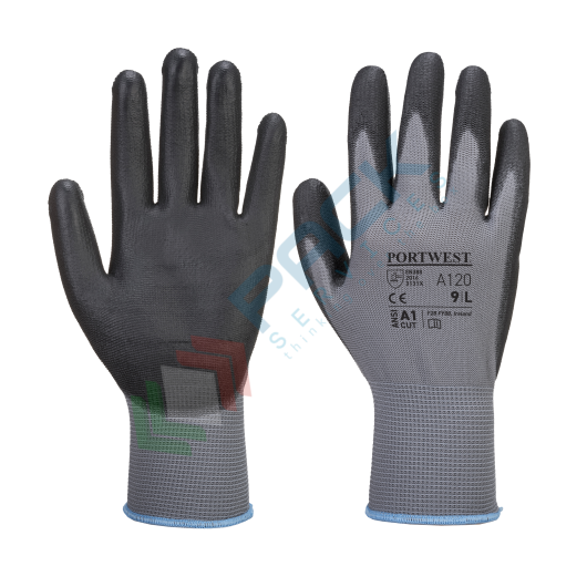 [A120G8RS] Guanti da lavoro con grip, in poliestere con rivestimento in liscio PU per una maggiore resistenza all'abrasione, calibro 13, omologati EN 388, colore grigio/nero, taglia S