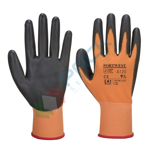 [A120O8RXS] Guanti da lavoro con grip, in poliestere con rivestimento in liscio PU per una maggiore resistenza all'abrasione, calibro 13, omologati EN 388, colore arancione/nero, taglia XS