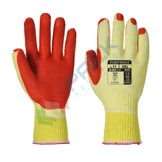 [A135Y1RL] Guanti da lavoro con grip, in Polycotton con immersione in lattice per massimo grip, reticolo strutturato per un maggiore grip, modello Grip Tought, calibro 10, omologati EN 388, colore bianco/arancione, taglia L