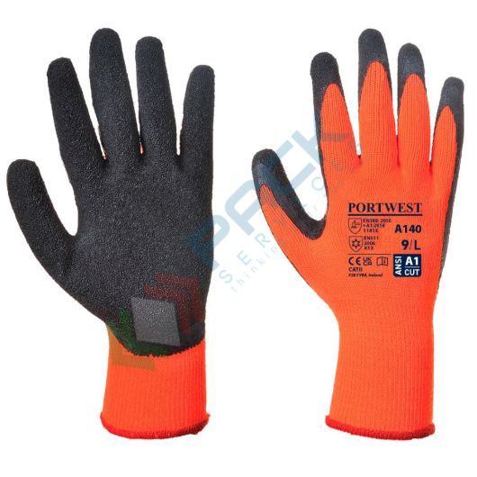 [A140ORBL] Guanti da lavoro resistenti al freddo con caldo rivestimento in acrilico + grip in lattice Crinkle, calibro 10, omologati EN 388 + EN 511, colore arancione/nero, taglia