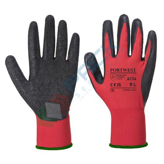 [A174R8RXL] Guanti da lavoro con grip, in poliestere con rivestimento in lattice impermeabile, calibro 13, modello ergonomico Flex Grip, omologati EN 388, colore rosso/nero, taglia XL