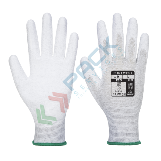 [A199GRRXL] Guanti da lavoro foderati antistatici (ESD) in poliestere e fibra di carbonio con rivestimento in liscio PU per una maggiore resistenza all'abrasione, calibro 13, omologati EN 388 + IEC 61340-5, colore grigio, taglia XL