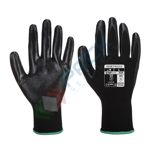 [A320BKRM] Guanti da lavoro con grip, in poliestere con rivestimento in schiuma di nitrile per un grip eccellente, modello Dexti-Grip, calibro 13, omologati EN 388, colore nero, taglia M