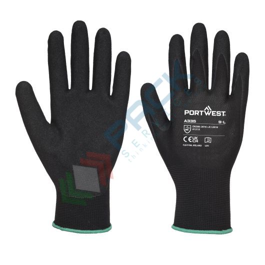 [A335K8RXS] Guanti da lavoro con grip, in poliestere con rivestimento in nitrile sabbiato che offre una presa e una destrezza ideale per tutte le condizioni, calibro 15,omologato EN 388, colore nero, taglia XS
