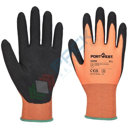 [A335O8RXS] Guanti da lavoro con grip, in poliestere con rivestimento in nitrile sabbiato che offre una presa e una destrezza ideale per tutte le condizioni, calibro 15,omologato EN 388, colore arancione, taglia XS