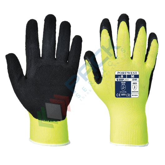 [A340YERS] Guanti da lavoro con grip, in poliestere con rivestimento in schiuma di lattice per un grip eccellente, calibro 13, maglia ad alta visibilità, omologati EN 388, colore giallo/nero, taglia S