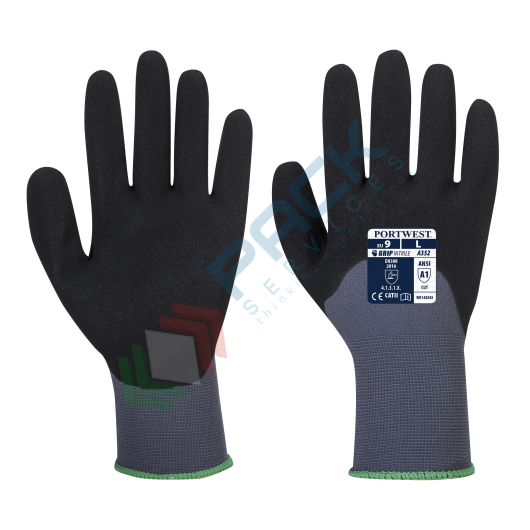 [A352G8RL] Guanti da lavoro con grip, in nylon con rivestimento in schiuma di nitrile per un grip eccellente, modello Dermiflex Ultra, immersione a 3/4 per una maggior protezione, calibro 15, omologati EN 388, colore grigio, taglia L