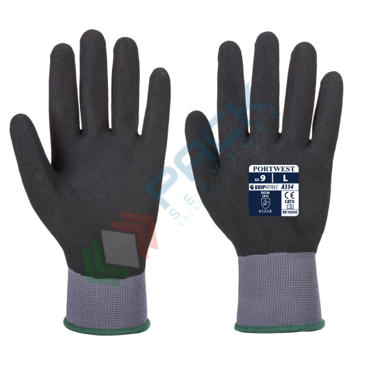 [A354K8RS] Guanti da lavoro con grip, in nylon con rivestimento in schiuma di nitrile per un grip eccellente, modello Dermiflex Ultra Pro, immersione a 3/4 per una maggior protezione, calibro 15, omologati EN 388, colore grigio, taglia S
