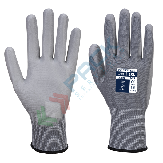 [A635G7RXL] Guanti da lavoro resistenti al taglio (livello B), in poliestere con rivestimento in liscio PU per una maggiore resistenza all'abrasione, modello Eco-Cut, calibro 13, omologati EN 388, colore grigio, taglia XL