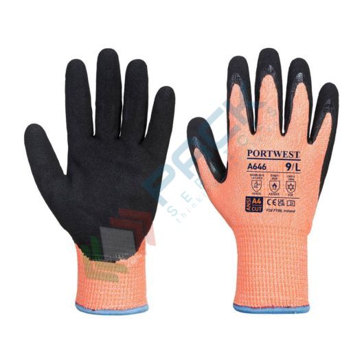 [A646O8RXL] Guanti da lavoro resistenti al taglio (livello D), al freddo e al calore in HPPE + poliestere con rivestimento flessibile in nitrile sabbioso per ottimo grip, calibro 7, omologati EN 388 + EN 407 + EN 511, colore arancione/nero, taglia XL