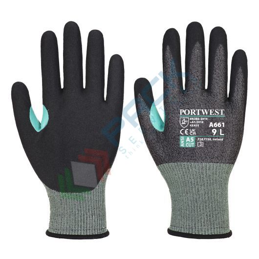 [A661K8RXXL] Guanti da lavoro resistenti al taglio (livello E) in HPPE + nylon con rivestimento in schiuma di nitrile per un grip eccellente in condizioni di umido e secco, calibro 18, omologati EN 388, ideale per dispositivi mobili touchscreen, colore nero, taglia XX