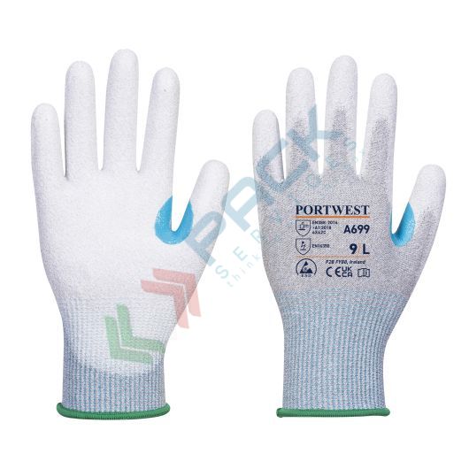 [A699G6RXS] Guanti da lavoro protezione al taglio (livello C) antistatici (ESD) in poliestere e fibra di carbonio con rivestimento in liscio PU, calibro 13, omologati EN 388 + IEC 61340-5, colore grigio/bianco, taglia XS