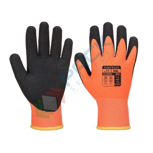 [AP02O8RM] Guanti da lavoro con grip resistenti al freddo con rivestimento nano idrorepellente per applicazioni con schizzi leggeri, finitura sabbiato nitrile, calibro 10, omologati EN 388 + EN 511, colore nero/arancione, taglia M