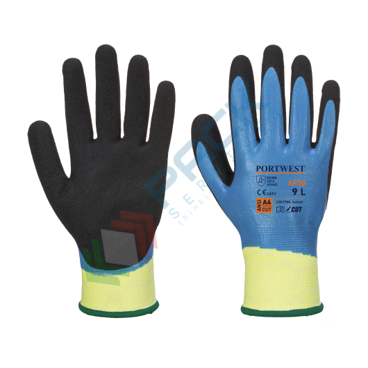 [AP50B8RM] Manichetta da lavoro resistente al taglio (livello F) protezione contro i liquidi, in HPPE + poliestere con primo strato in nitrile liscio e secondo è in schiuma di nitrile, calibro 13, omologati EN 388, colore nero/blu, taglia M