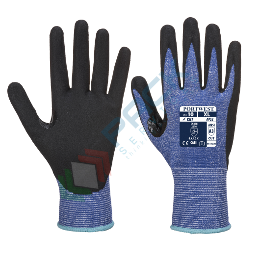 [AP52B8RS] Guanti da lavoro resistenti al taglio (livello C), in HPPE + nylon con rivestimento sul palmo in nitrile sabbiato per un migliore grip in acqua, grasso o olio, calibro 13, omologati EN 388, colore nero/blu, taglia S