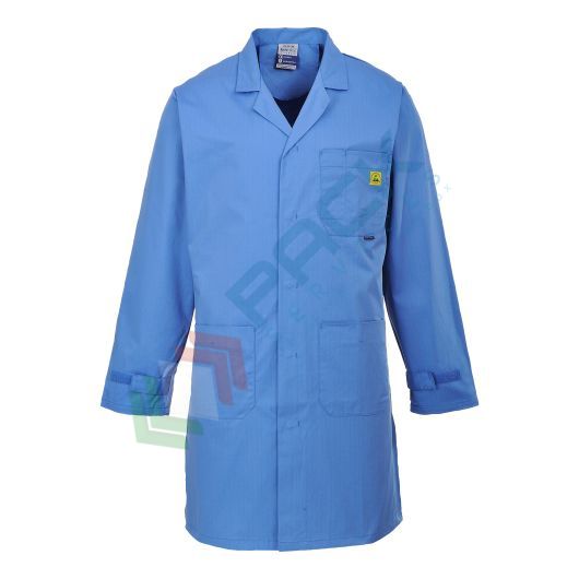 Camice da lavoro, modello ESD protezione elettrostatica, 3 tasche, 65% Poliestere + 34% Cotone + 1% Fibra Conduttiva, 210 gr, chiusura con velcro, colore celeste