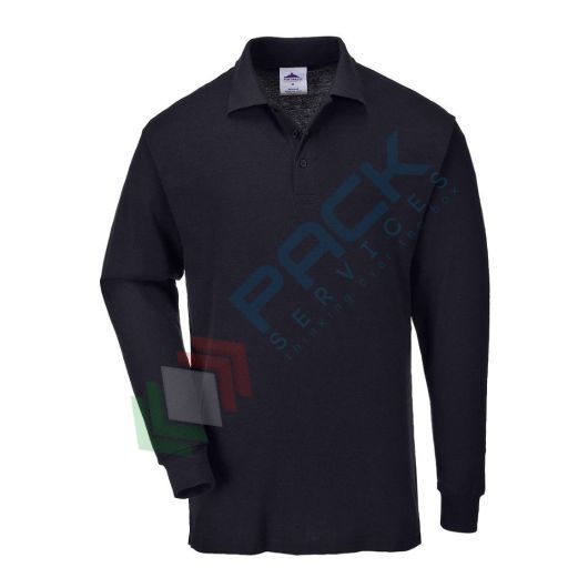 Polo da lavoro 65% poliestere + 35% cotone, 210 gr, elegante e pratica, maniche lunghe, colletto e polsini a coste, tre bottoni in tinta, vestibilità comoda, colore nero
