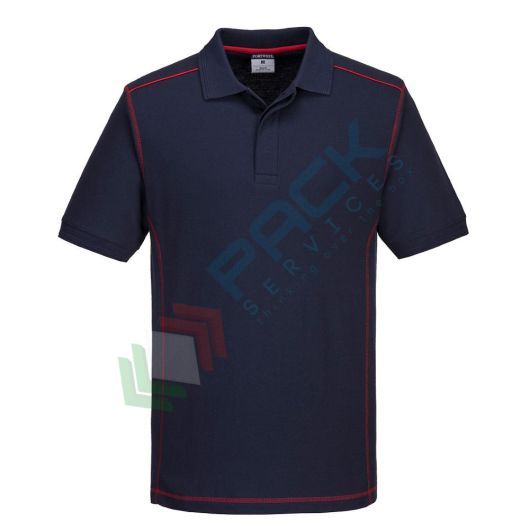 Polo da lavoro bicolore, 65% poliestere + 35% cotone, 210 gr, robusta, in tessuto di policotone a maglia piquet, cuciture in contrasto, modello Essential, colore blu navy/rosso