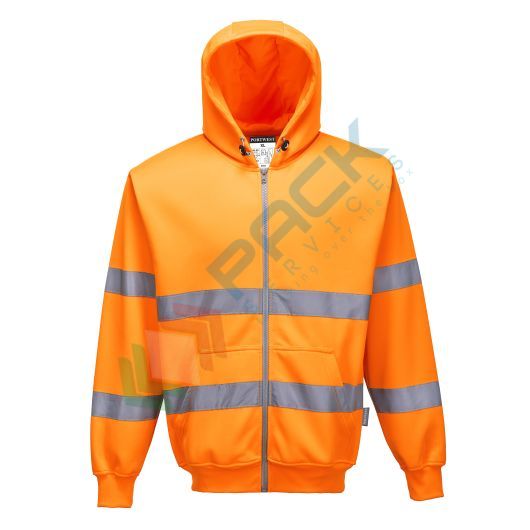 [B305ORRL] Felpa alta visibilità con cappuccio, 65% poliestere + 35% cotone, 300 gr, chiusura con zip, omologata EN ISO 20471, colore arancione