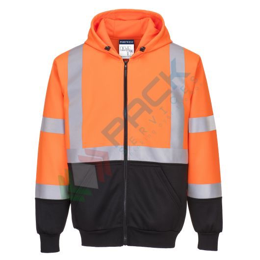 [B315OBRM] Felpa alta visibilità con cappuccio, 65% poliestere + 35% cotone, 300 gr, chiusura con zip, omologata EN ISO 20471, colore arancione + nero