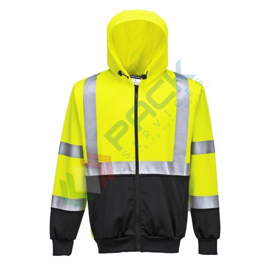 [B315YBRXXXL] Felpa alta visibilità con cappuccio, 65% poliestere + 35% cotone, 300 gr, chiusura con zip, omologata EN ISO 20471, colore giallo + nero