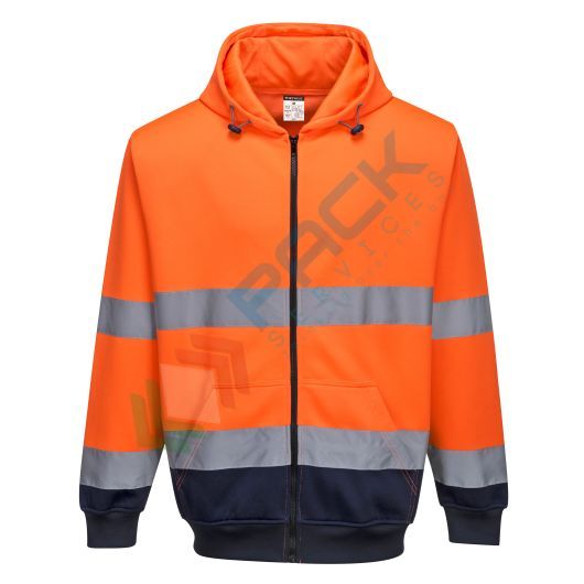 [B317ONRS] Felpa alta visibilità con cappuccio, 65% poliestere + 35% cotone, 300 gr, chiusura con zip, omologata EN ISO 20471, colore arancione + blu navy
