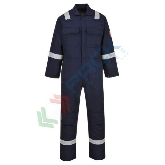 Tuta da lavoro ignifuga da saldatura, in tessuto Bizweld 100% Cotone, finitura FR 330 gr, omologata EN ISO 11612 + EN ISO 11611, modello IONA, apertura frontale con bottoni, vestibilità tall, colore blu navy