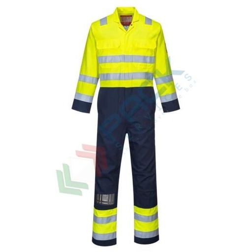 [BIZ7YNRXL] Tuta alta visiblità ignifuga ed antistatica in tessuto Bizflame Work HV (99% cotone + 1% fibra di carbonio) 330 gr, apertura frontale con bottoni, certificata EN ISO 11612 + EN ISO 11611 + EN 1149 -5 + EN ISO 20471 Classe 3, colore giallo/blu navy, tg. XL