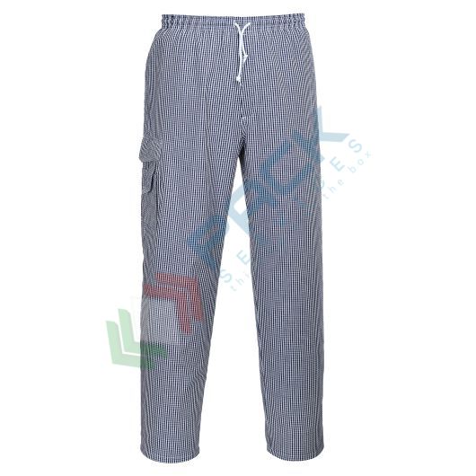 Pantalone da lavoro da chef, tessuto Kingsmill 100% Cotone, 190 gr, modello Chester, pratico e robusto, colore blu a scacchi
