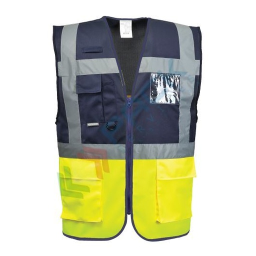 [C276YNRXXXL] Gilet alta visibilità bicolore 100% poliestere ordito a maglia, 124 gr, modello Executive Paris, con inserti in contrasto per una maggiore protezione dallo sporco, omologato EN ISO 20471 Classe 1, colore giallo/blu navy, taglia 3XL