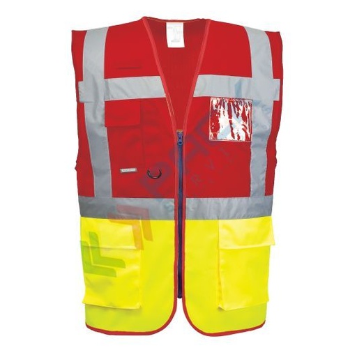 [C276YREL] Gilet alta visibilità bicolore 100% poliestere ordito a maglia, 124 gr, modello Executive Paris, con inserti in contrasto per una maggiore protezione dallo sporco, omologato EN ISO 20471 Classe 1, colore giallo/rosso, taglia L