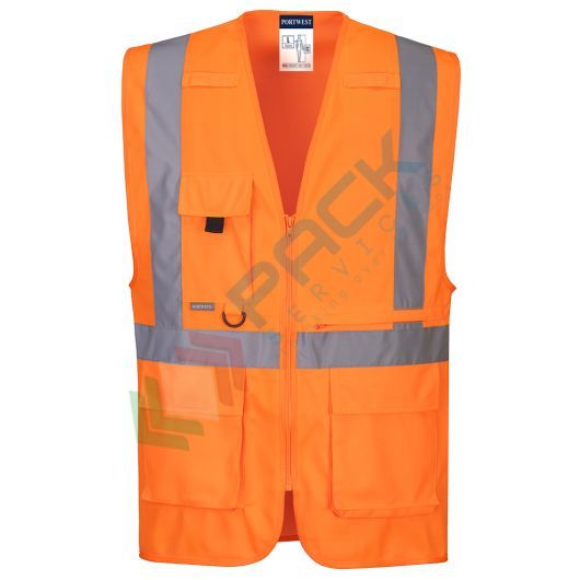 [C357ORRS] Gilet alta visibilità 100% poliestere ordito a maglia, 124 gr, modello Executive multitasche con l'aggiunta di una tasca per tablet con cerniera, omologato EN ISO 20471 Classe 2, colore arancione, taglia S