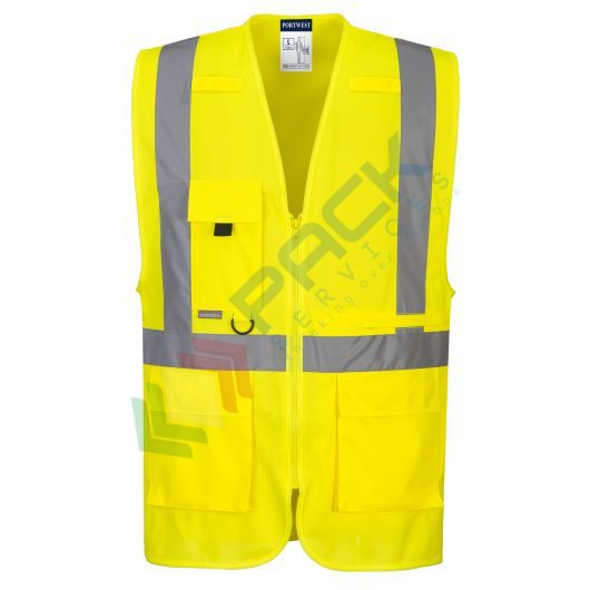 [C357YERS] Gilet alta visibilità 100% poliestere ordito a maglia, 124 gr, modello Executive multitasche con l'aggiunta di una tasca per tablet con cerniera, omologato EN ISO 20471 Classe 2, colore giallo, taglia S