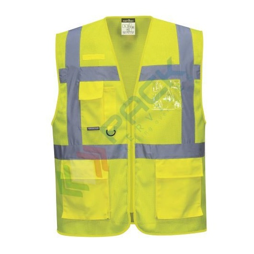 [C376YERS] Gilet alta visibilità in rete in tessuto MeshAir 100% poliestere Mesh, 150 gr, modello Executive Atene, tasche multiple e chiusura con zip, omologato EN ISO 20471 Classe 2, colore giallo, taglia S