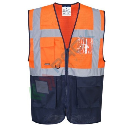 [C377ONRXL] Gilet alta visibilità in rete in tessuto MeshAir 100% poliestere Mesh, 150 gr, modello Executive bicolore, tasche multiple e chiusura con zip, omologato EN ISO 20471 Classe 1, colore arancione/blu navy, taglia XL