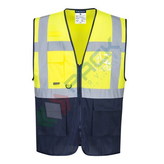 [C377YNRXL] Gilet alta visibilità in rete in tessuto MeshAir 100% poliestere Mesh, 150 gr, modello Executive bicolore, tasche multiple e chiusura con zip, omologato EN ISO 20471 Classe 1, colore giallo/blu navy, taglia XL
