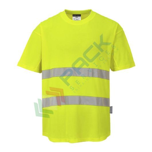 T-shirt alta visibilità in maglia, 55% cotone + 45% poliestere, 175 gr, girocollo, con inserti di areazione in mesh, certificata CE + EN ISO 20471 Classe 2, colore giallo, tg. XXL