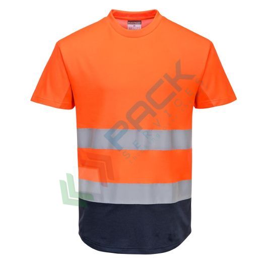T-shirt alta visibilità in maglia, 55% cotone + 45% poliestere, 175 gr, girocollo, con inserti di areazione in mesh, certificata CE + EN ISO 20471 Classe 2, colore arancione/blu navy, tg. M