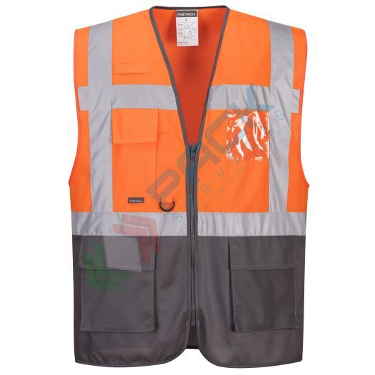 [C476OGYXXXL] Gilet alta visibilità 100% poliestere ordito a maglia, 124 gr, modello Executive Varsavia, multitasche con portabadge e inserti in contrasto, omologato EN ISO 20471 Classe 1, colore arancione/grigio, taglia 3XL