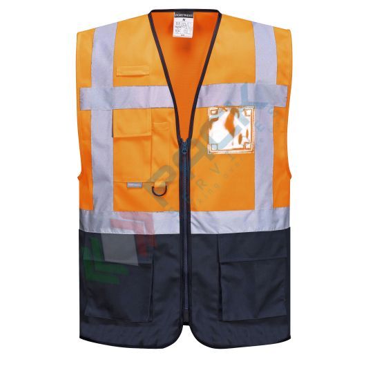 [C476ONRXXL] Gilet alta visibilità 100% poliestere ordito a maglia, 124 gr, modello Executive Varsavia, multitasche con portabadge e inserti in contrasto, omologato EN ISO 20471 Classe 1, colore arancione/blu navy, taglia XXL