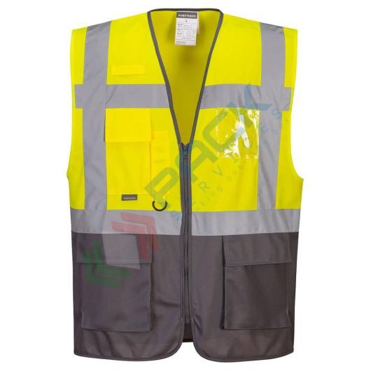 [C476YGYM] Gilet alta visibilità 100% poliestere ordito a maglia, 124 gr, modello Executive Varsavia, multitasche con portabadge e inserti in contrasto, omologato EN ISO 20471 Classe 1, colore giallo/grigio, taglia M