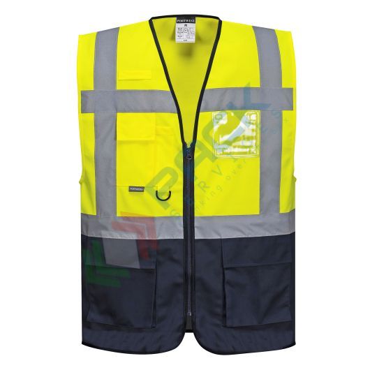 [C476YNRM] Gilet alta visibilità 100% poliestere ordito a maglia, 124 gr, modello Executive Varsavia, multitasche con portabadge e inserti in contrasto, omologato EN ISO 20471 Classe 1, colore giallo/blu navy, taglia M