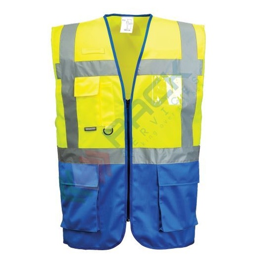 [C476YRBXXXL] Gilet alta visibilità 100% poliestere ordito a maglia, 124 gr, modello Executive Varsavia, multitasche con portabadge e inserti in contrasto, omologato EN ISO 20471 Classe 1, colore giallo/blu royal, taglia 3XL