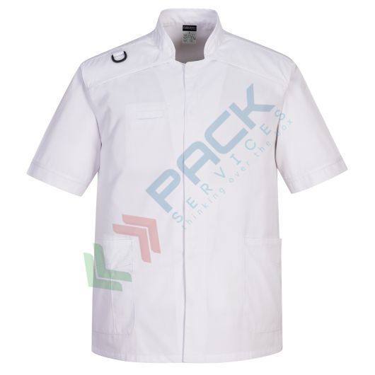 Camice da lavoro, modello sanitario, da uomo, 4 tasche, 65% Poliestere + 33% Cotone + 2% Elastan, 145 gr, chiusura con bottoni, colore bianco