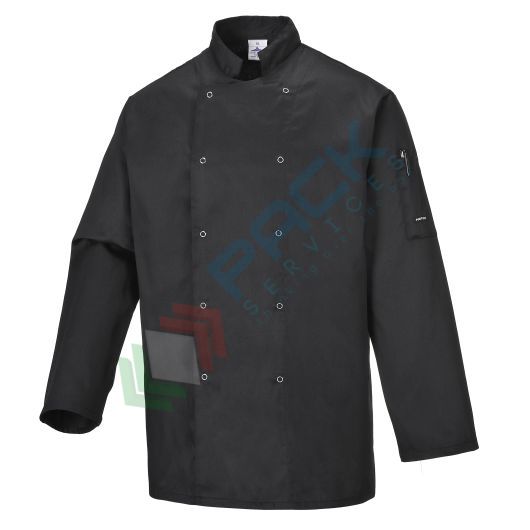 Giacca da lavoro, modello chef, tessuto Twil, 65% poliestere + 35% cotone, 1 tasca, 190 gr, manica lunga, colore nero
