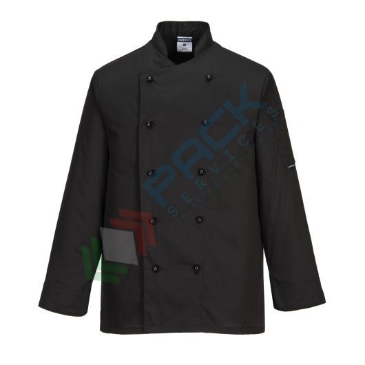 Giacca da lavoro, modello chef, tessuto Twil, 65% poliestere + 35% cotone, 1 tasca, 190 gr, manica lunga, colore nero