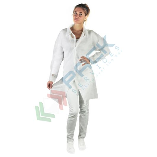 [CAM30-BXL] Camice monouso in TNT di polipropilene (PP), 30 g/mq, chiusura frontale con velcro, conf. 50 pz