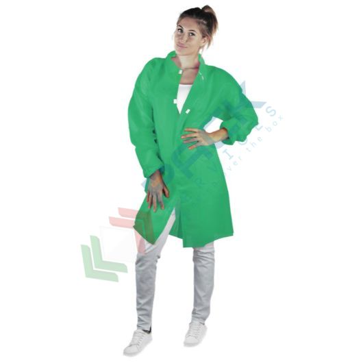 Camice monouso in TNT di polipropilene (PP), 30 g/mq, chiusura frontale con velcro, conf. 50 pz